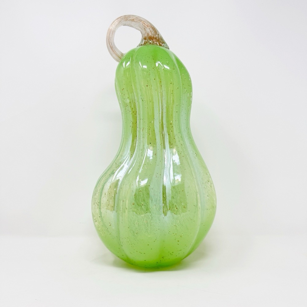 Large Blown Art Glass Light‎ Up Pumpkin Gourd Green Copper Speckle Decor *READ